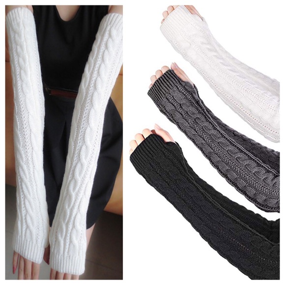 Long Cable Knit Over Elbow Arm Hand Warmers - Picture 2 of 9
